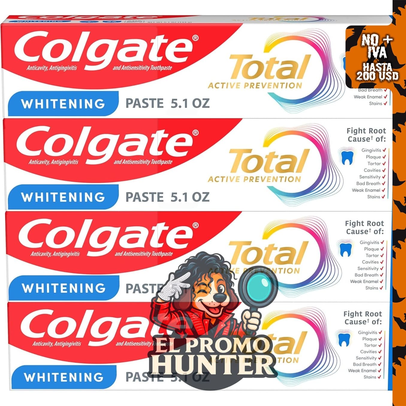 Colgate Total Whitening Pasta de dientes con flúor, paquete de 4 unidades.