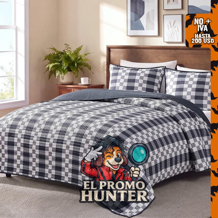 Juego de ropa de cama de tamaño Queen, colcha ligera a cuadros.