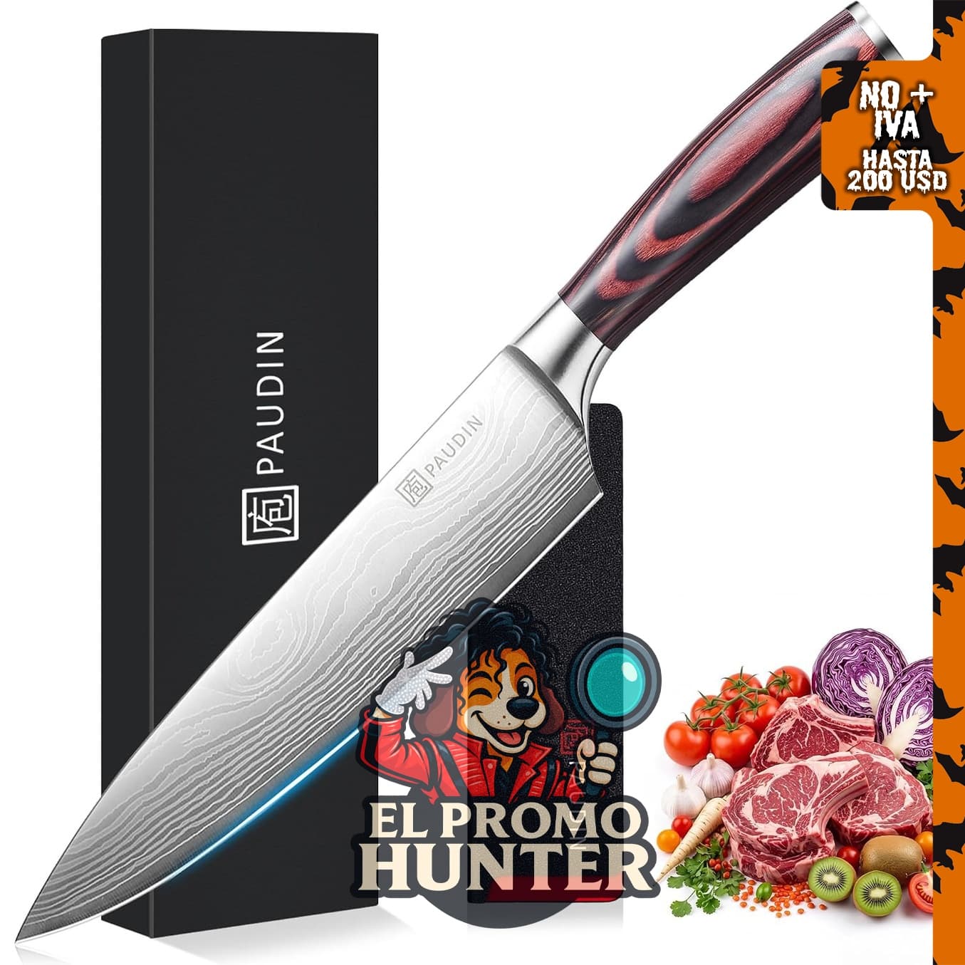 Cuchillo de chef PAUDIN de acero inoxidable de alto carbono de 8" (20.3 cm) con mango ergonómico.