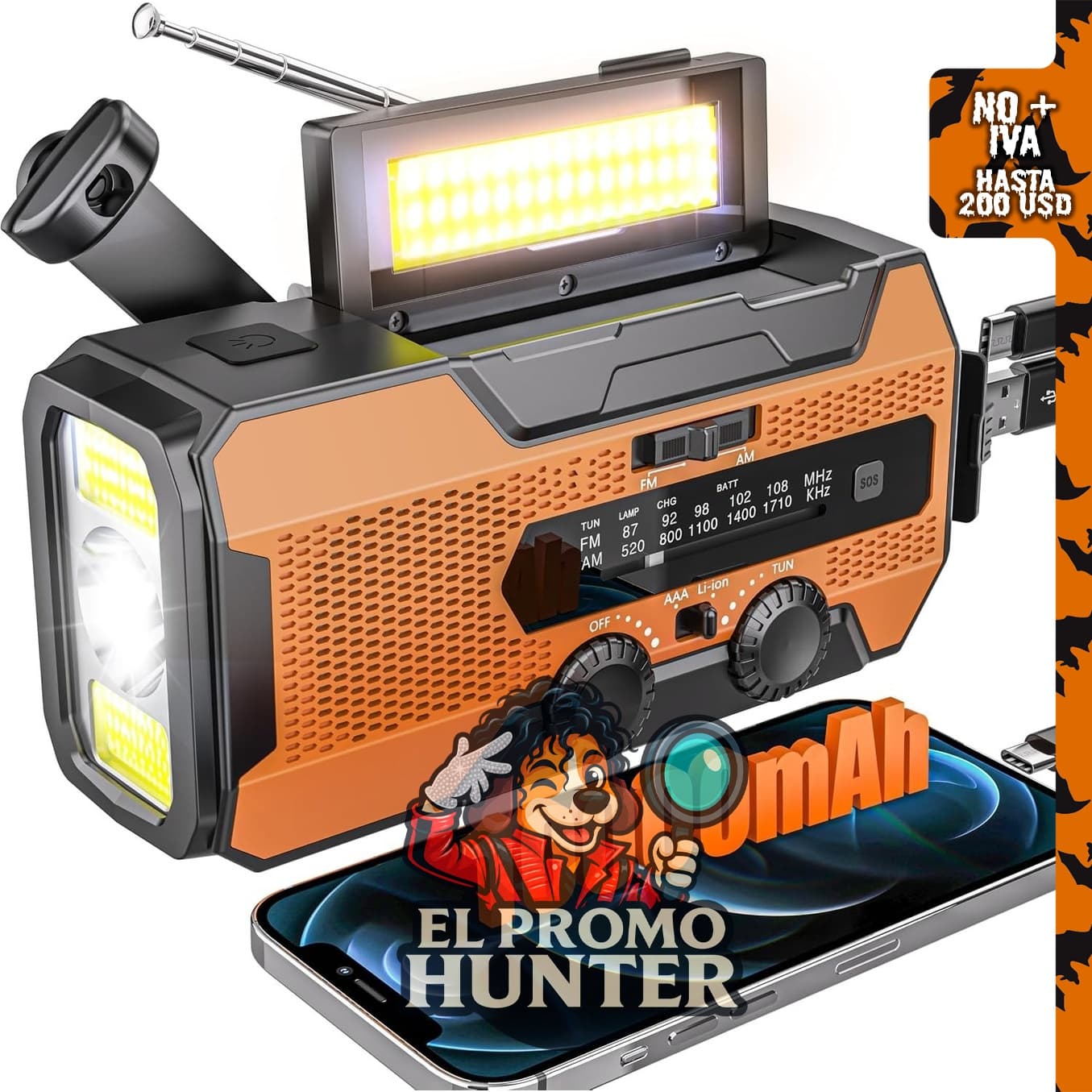 Solar Radio de emergencia con manivela de 10000 mAh, incluye radio meteorológica NOAA AM/FM, linterna LED y alarma SOS.