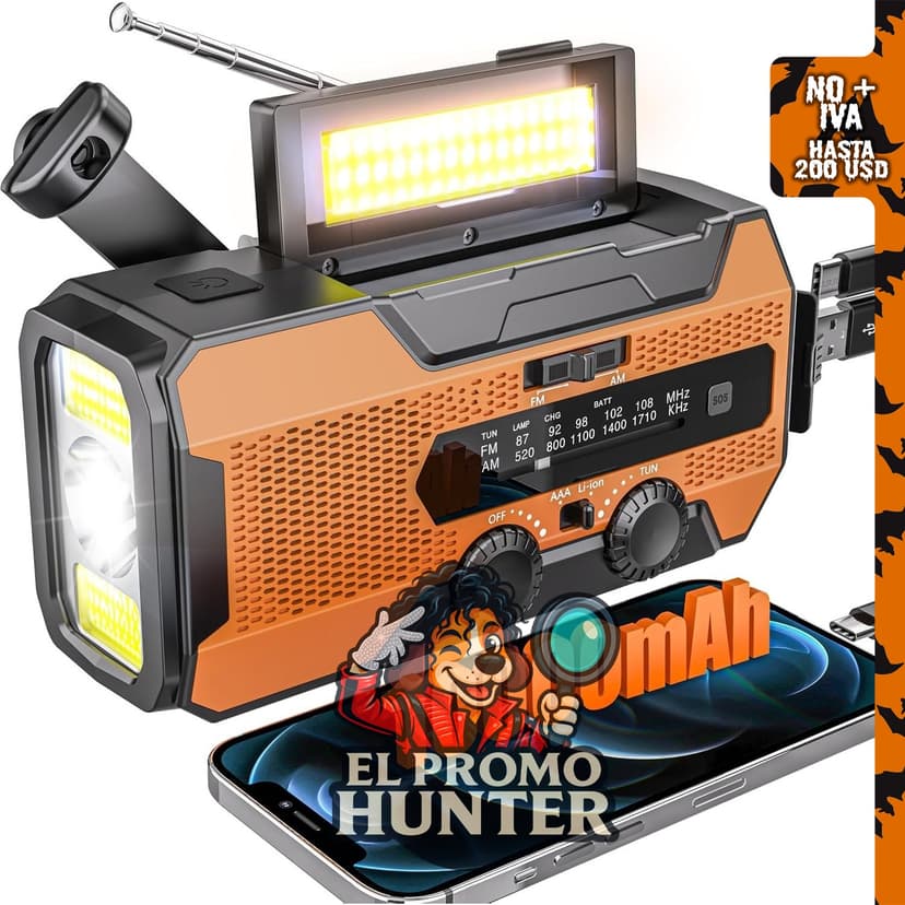 Solar Radio de emergencia con manivela de 10000 mAh, incluye radio meteorológica NOAA AM/FM, linterna LED y alarma SOS.