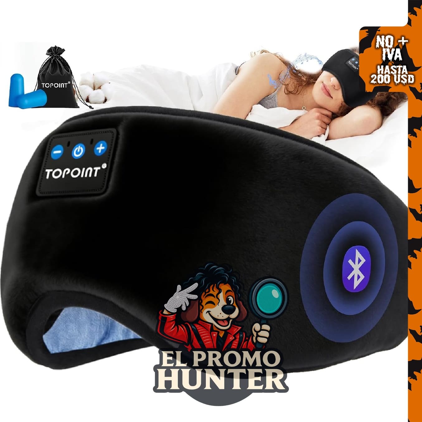 TOPOINT Antifaz para dormir con auriculares Bluetooth 5.4, incluye micrófono y altavoces HD.