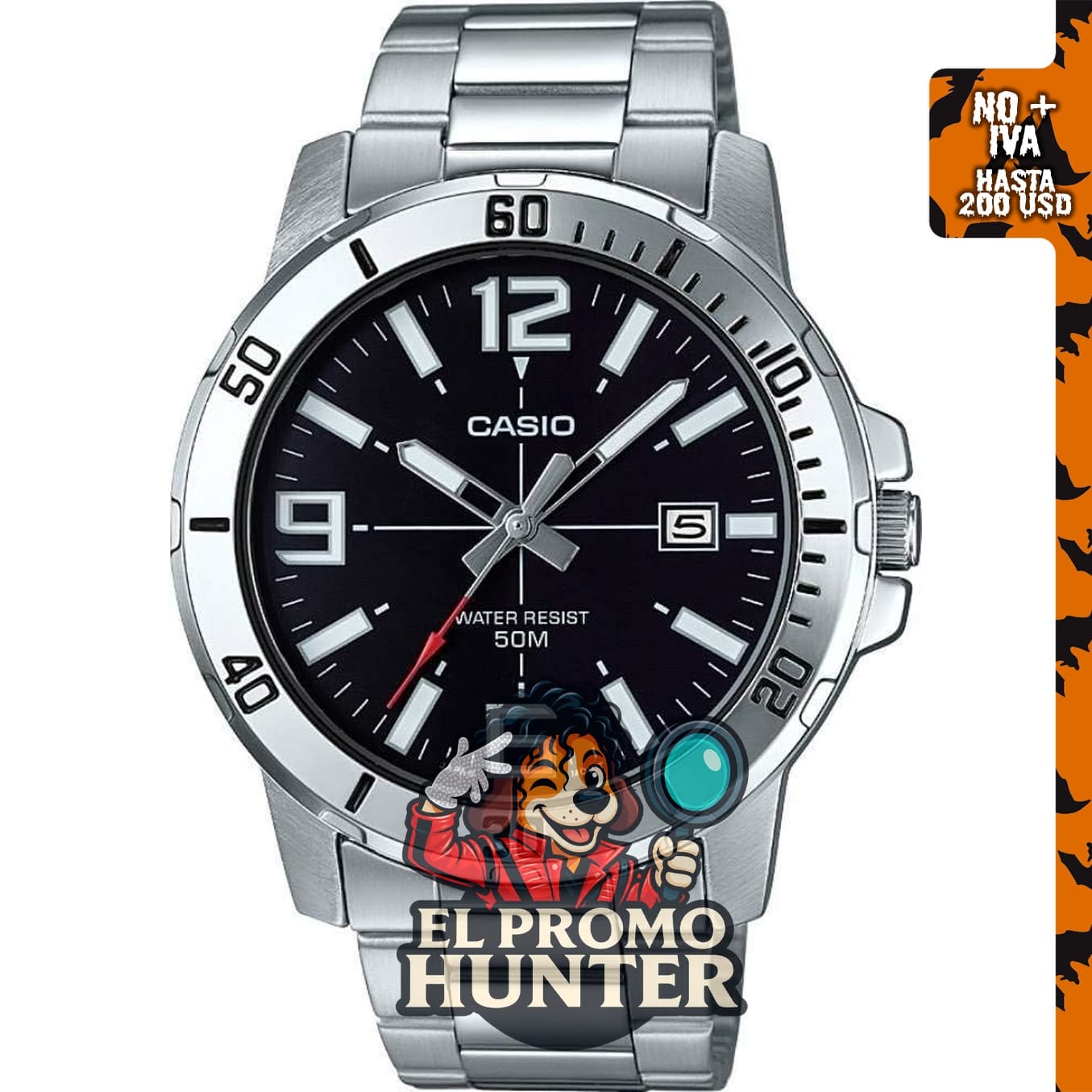 Casio MTP-VD01D-1BV - Reloj deportivo analógico para hombre, acero inoxidable, esfera negra, 48×42×10.7 mm, movimiento de cuarzo.