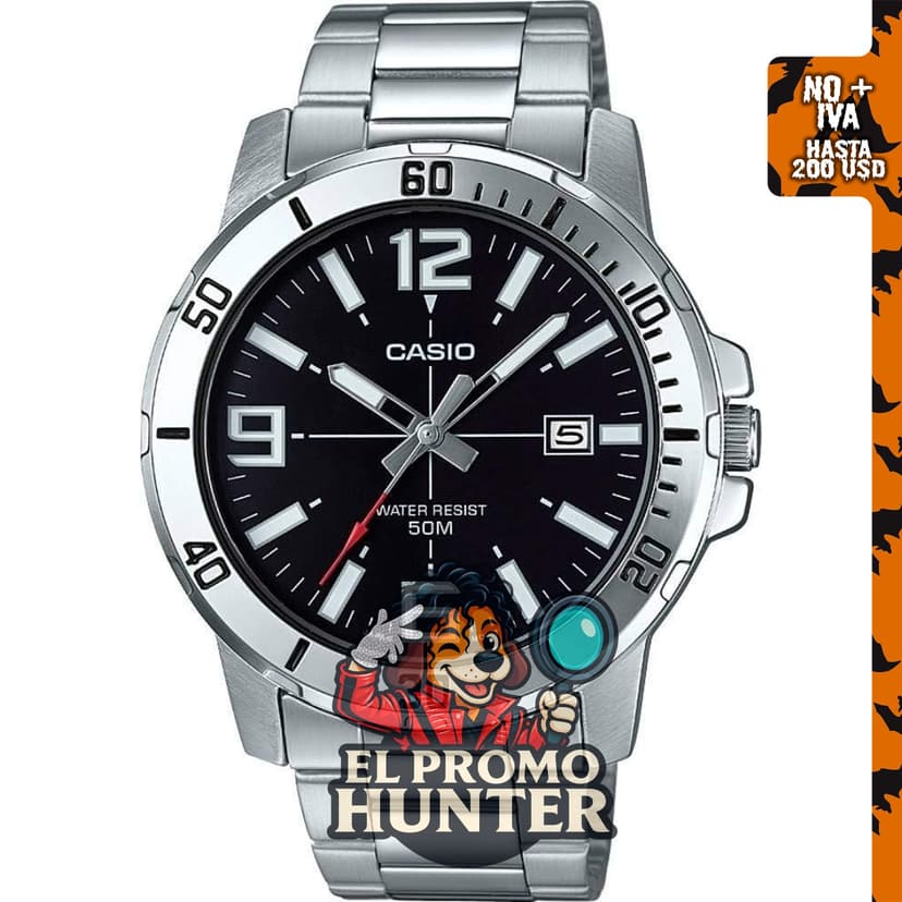 Casio MTP-VD01D-1BV - Reloj deportivo analógico para hombre, acero inoxidable, esfera negra, 48×42×10.7 mm, movimiento de cuarzo.