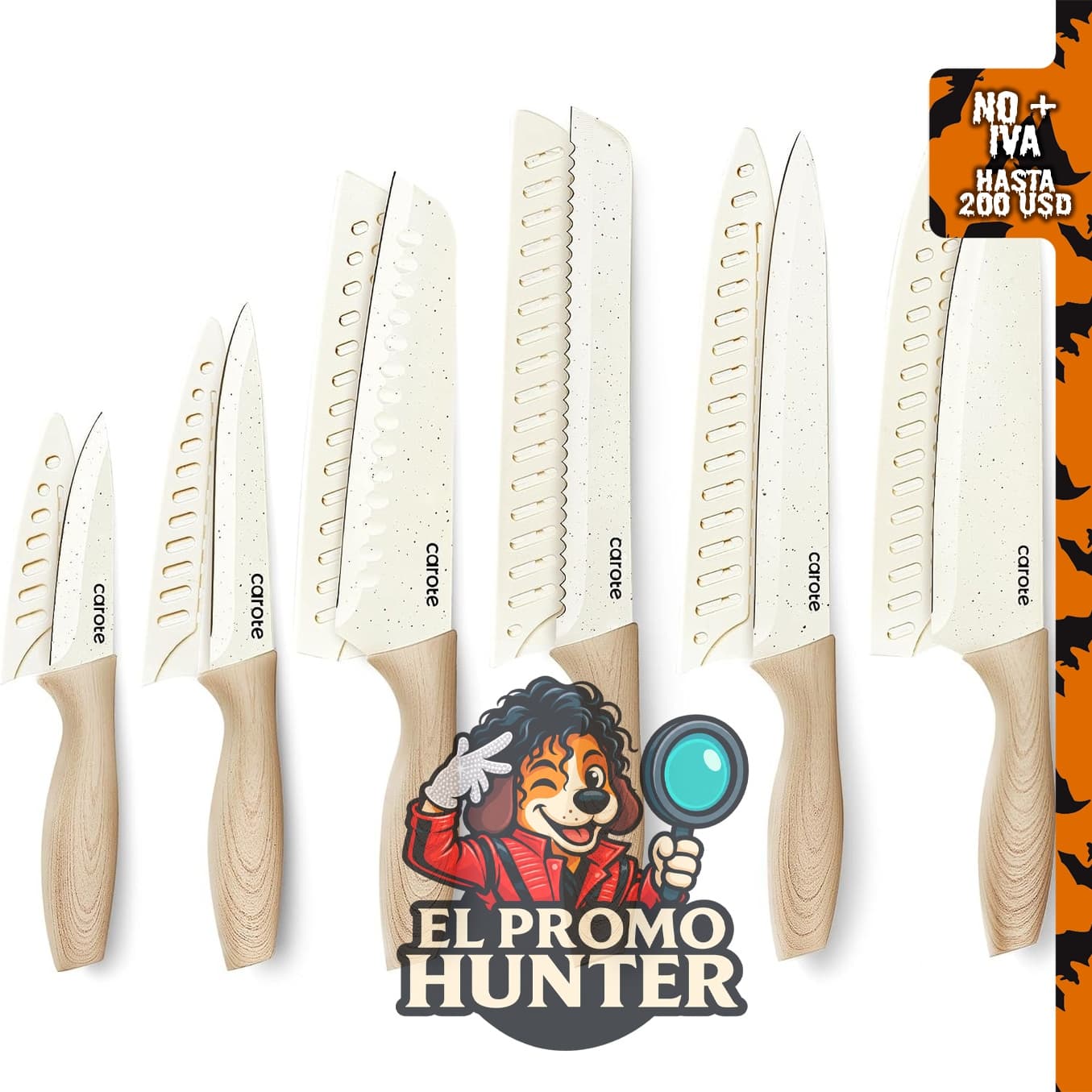 CAROTE Juego de cuchillos de 12 piezas con asas de acabado de grano de madera, color blanco.