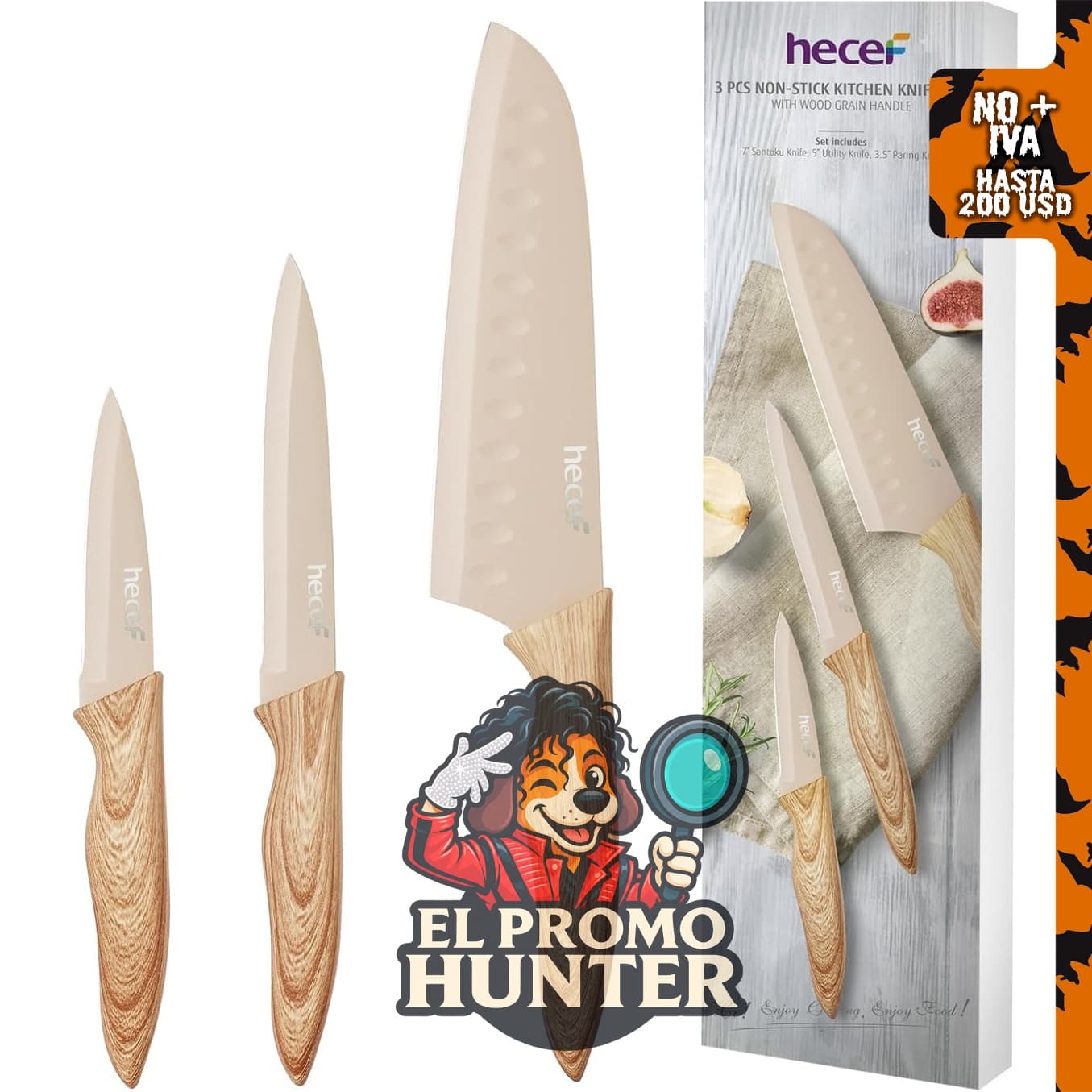 hecef Juego de 3 cuchillos de cocina con hoja de acero inoxidable y revestimiento antiadherente.