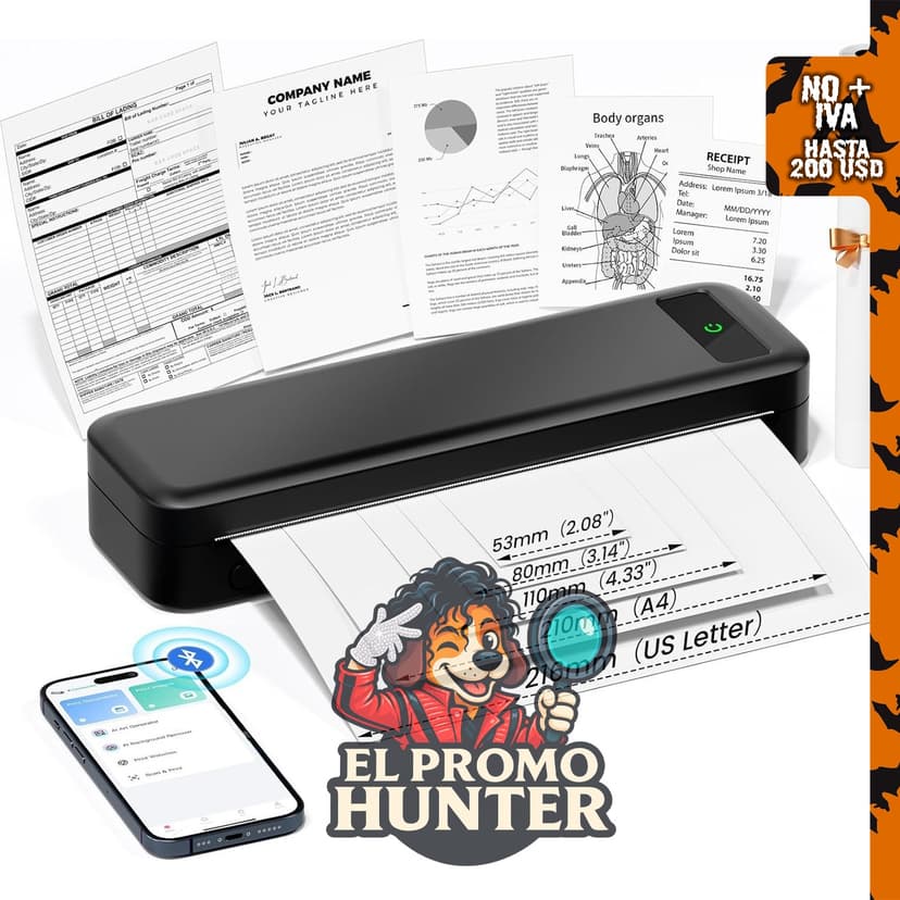 Impresora térmica portátil inalámbrica, compatible con papel térmico A4 y letras de 8.5 x 11 pulgadas.