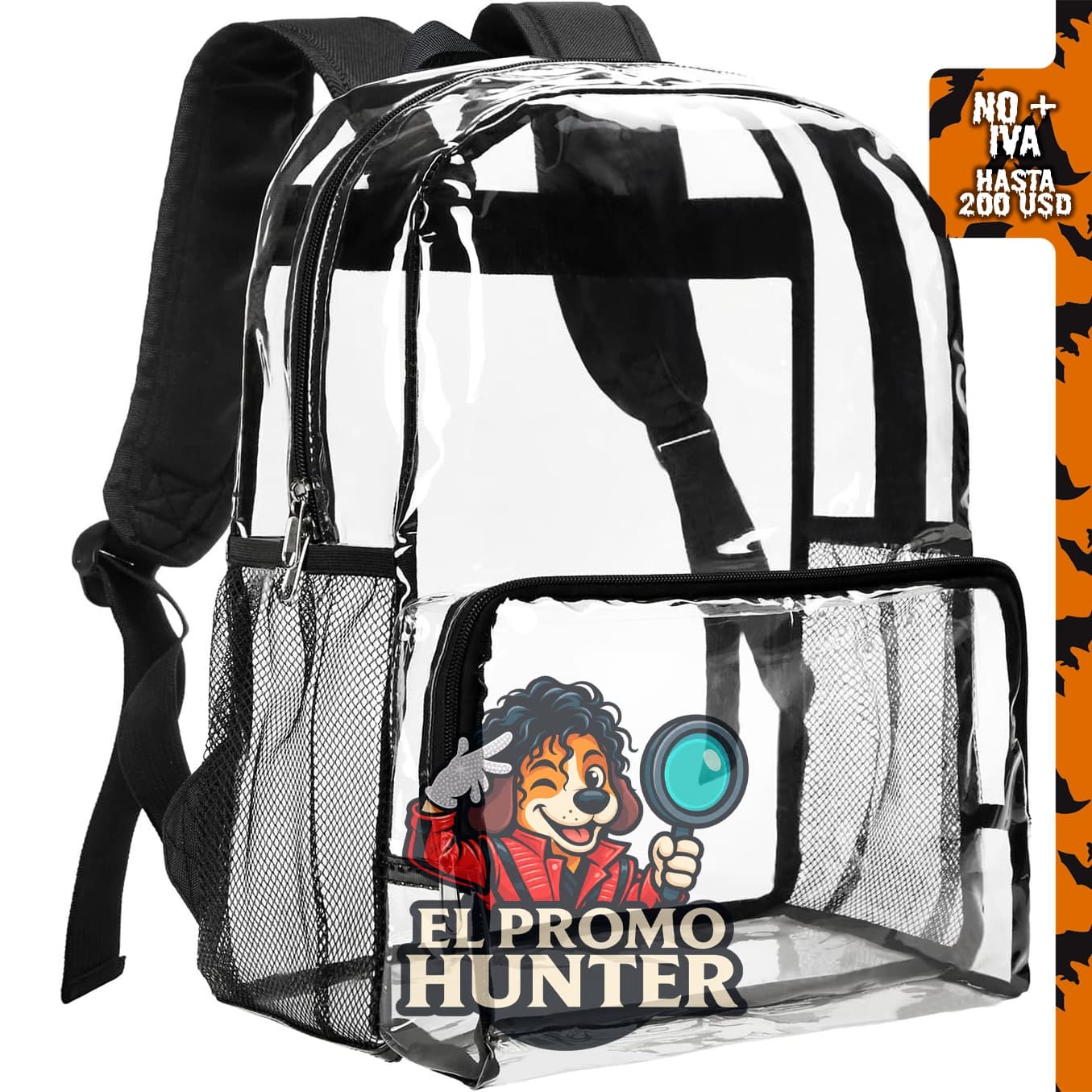 Mochila transparente grande Vorspack para niñas y niños, color negro.