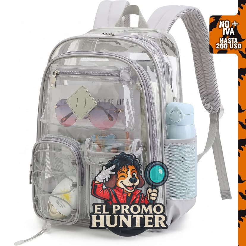 Mochila transparente de PVC resistente para uso escolar, color gris claro.