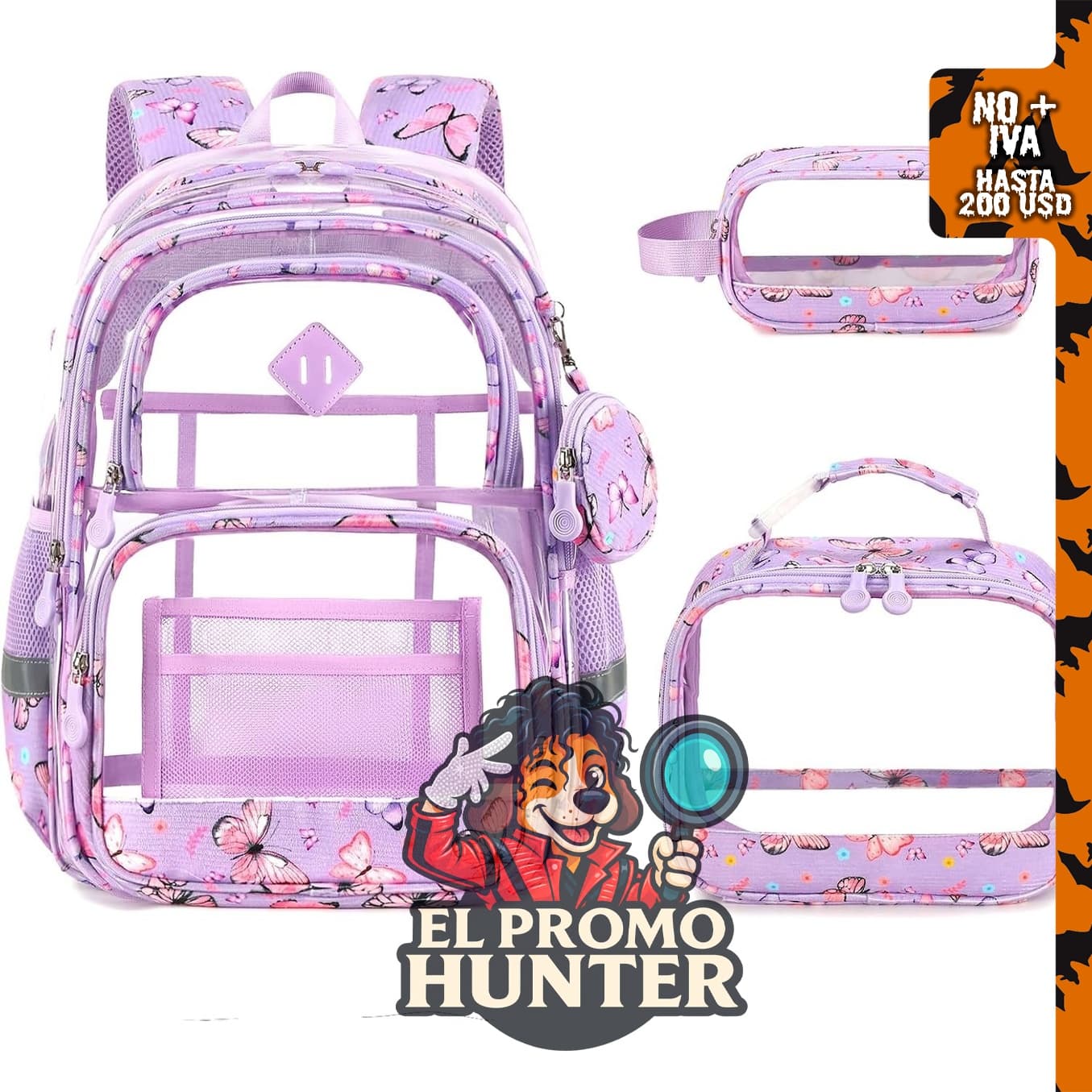Mochila transparente de pana Mariposa, moderna, adecuada para uso diario.
