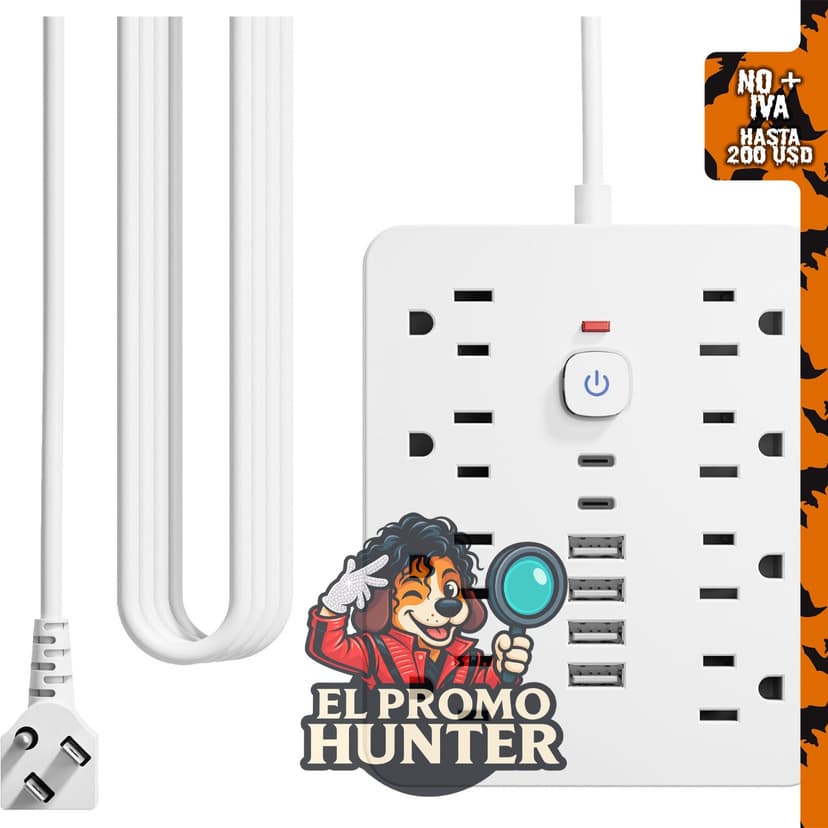 Regleta de protección contra sobretensiones de 10 pies con 8 tomas de CA y 6 puertos USB (2 USB C).