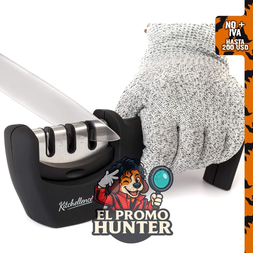 Accesorios para cuchillos de cocina 4 en 1 con afilador de 3 etapas y guante resistente a cortes.