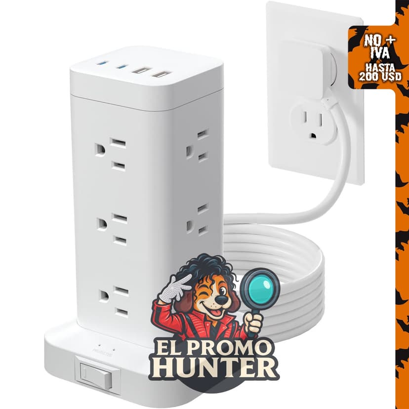 Regleta de alimentación de torre ZRADI4KT con 12 tomas y 4 puertos USB (2 USB-C), incluye protector de sobretensiones de 1800J.