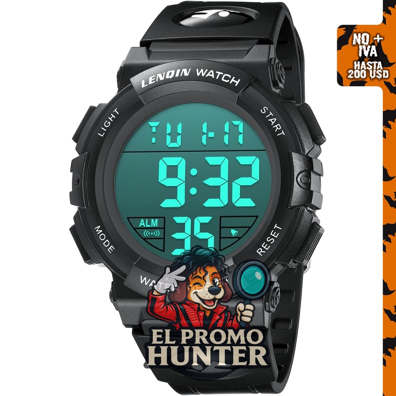 LN LENQIN Reloj digital deportivo impermeable para hombre con pantalla LED y funciones de alarma y cronómetro.