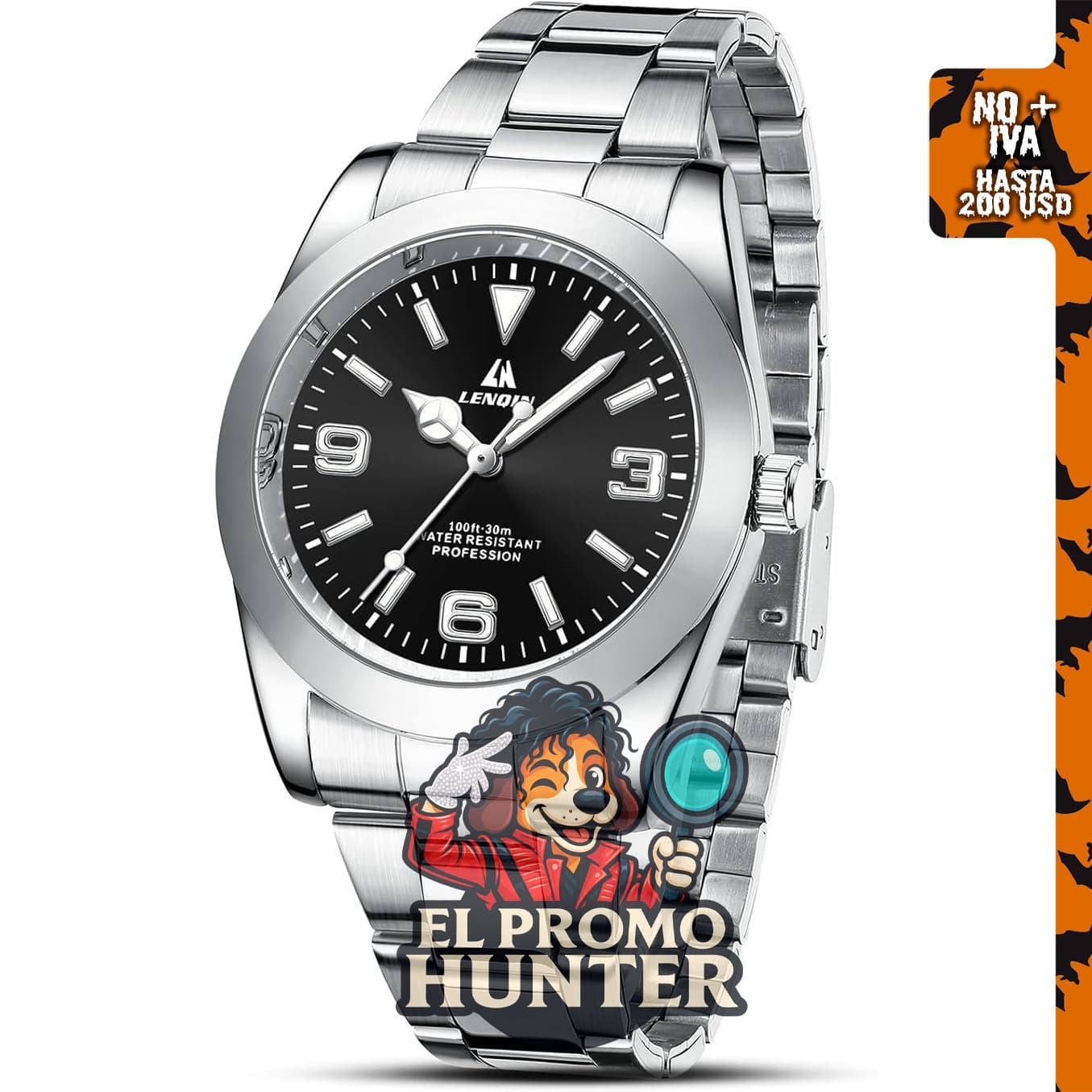Reloj analógico de cuarzo LN LENQIN para hombre, acero inoxidable, luminoso e impermeable.