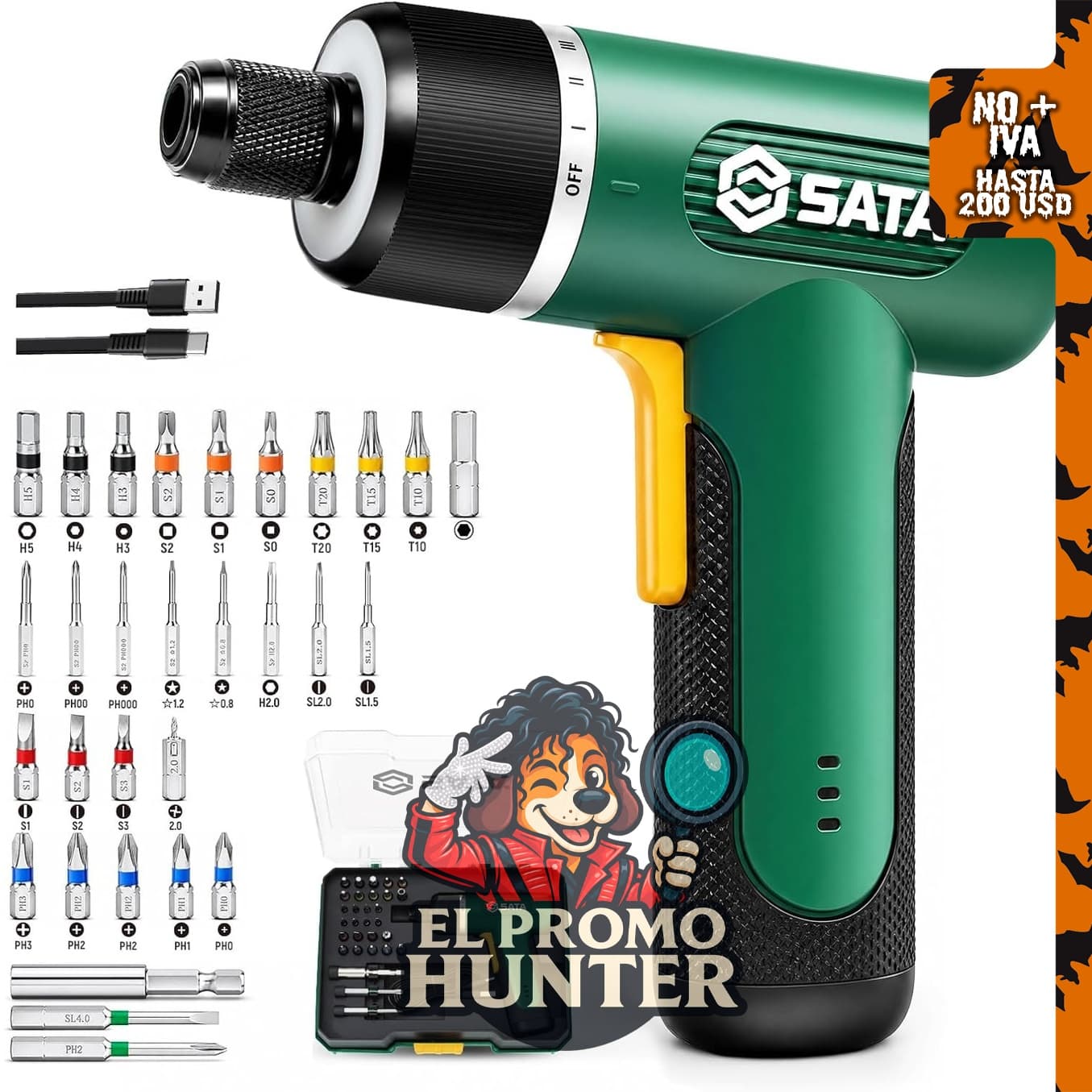 SATA Juego de destornilladores eléctricos de 32 piezas, destornillador inalámbrico de 3.7 V con portabrocas hexagonal de 1/4" (6.35 mm).