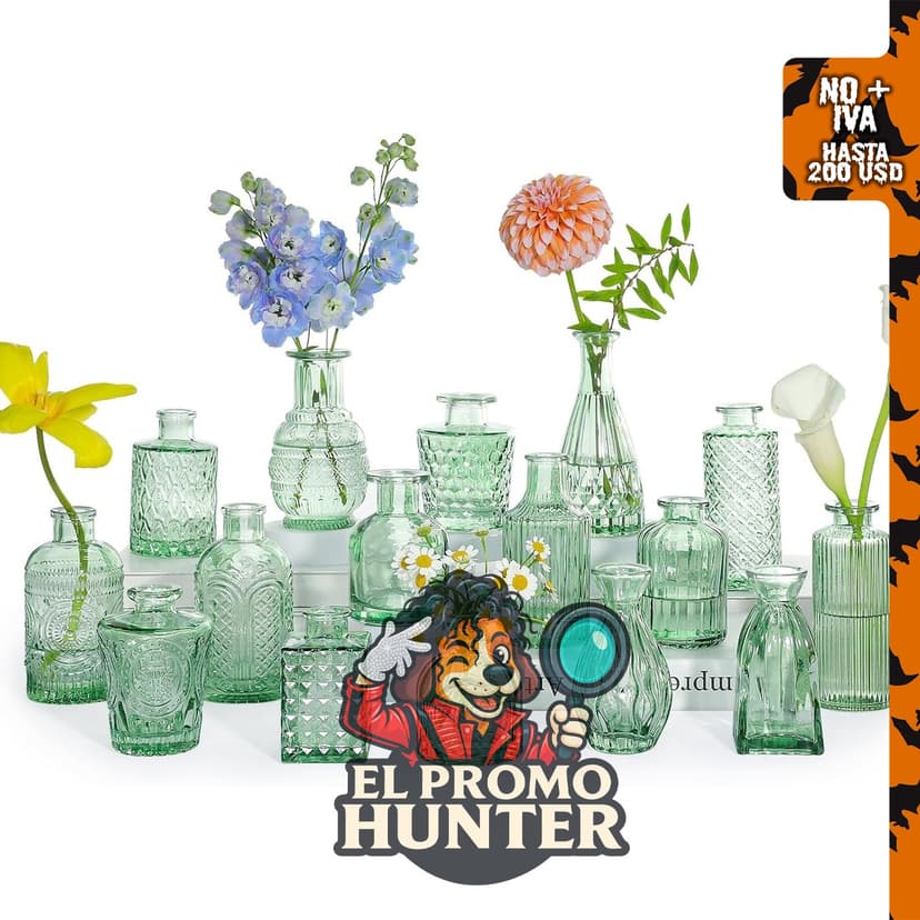 Juego de floreros de cristal, 16 jarrones pequeños de flores verdes.