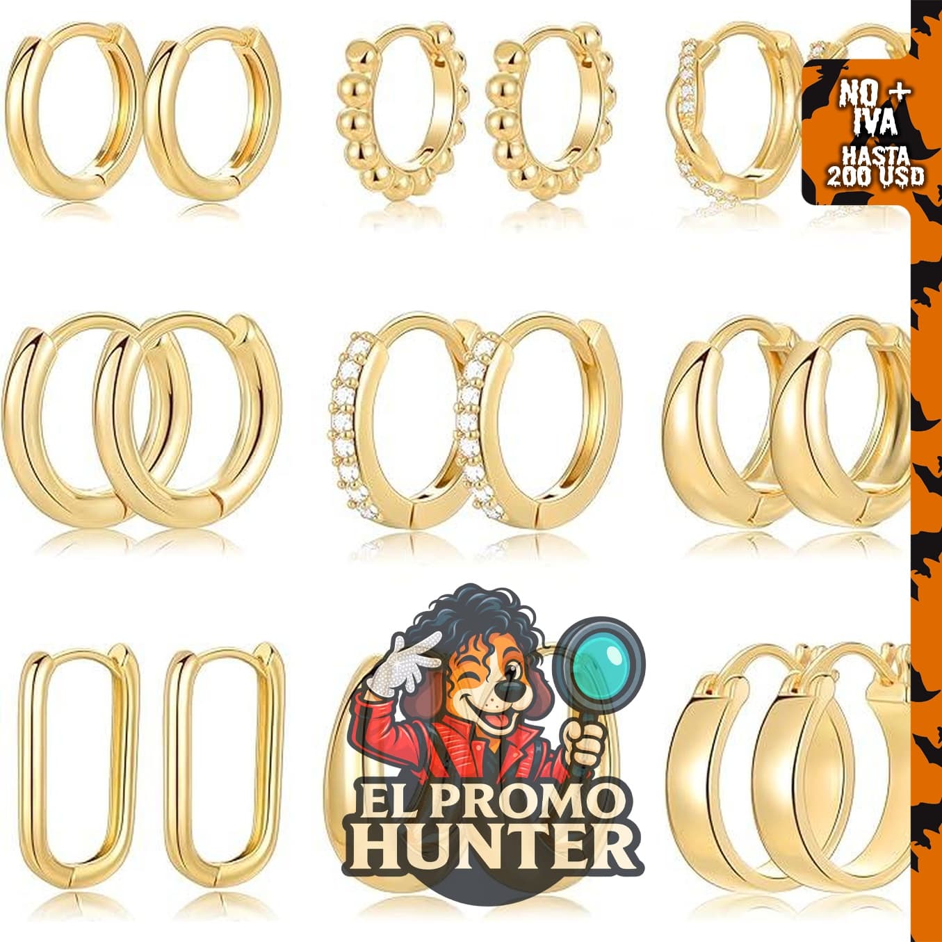 Juego de 9 pares de aretes pequeños tipo aro huggie chapados en oro de 14K, hipoalergénicos y ligeros.