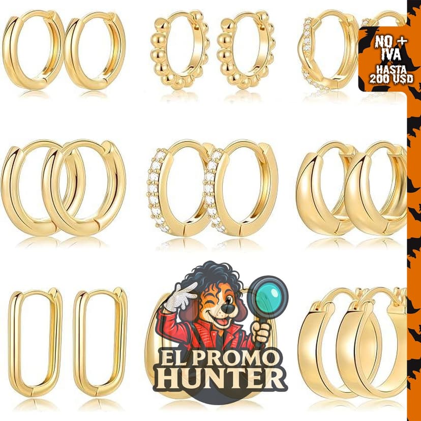 Juego de 9 pares de aretes pequeños tipo aro huggie chapados en oro de 14K, hipoalergénicos y ligeros.