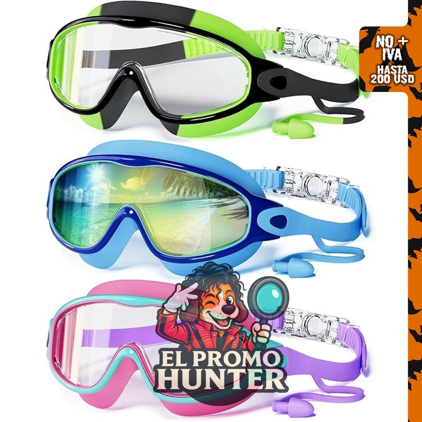 Paquete de 3 gafas de natación para niños Innovation Cat, con tapones para los oídos, antivaho y protección UV.
