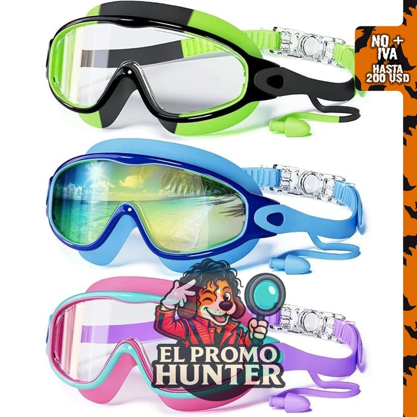 Paquete de 3 gafas de natación para niños Innovation Cat, con tapones para los oídos, antivaho y protección UV.