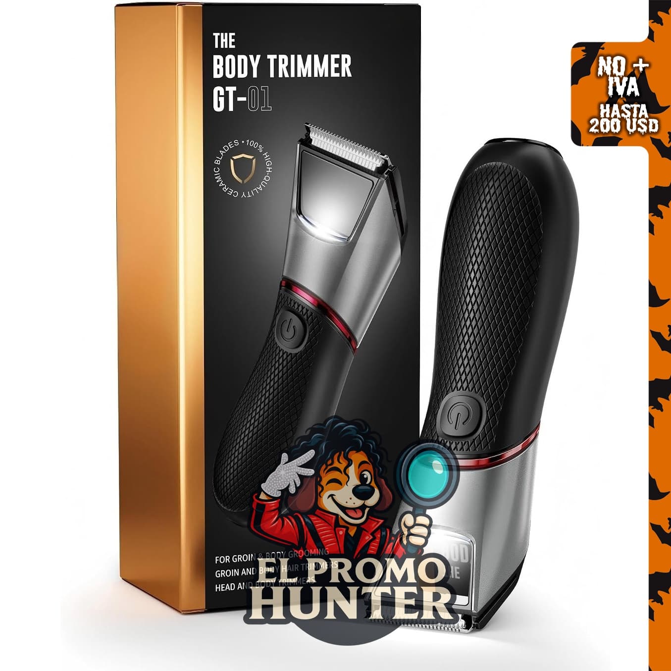 Recortadora de vello corporal para hombre con espejo y luz LED, IPX7, resistente al agua.