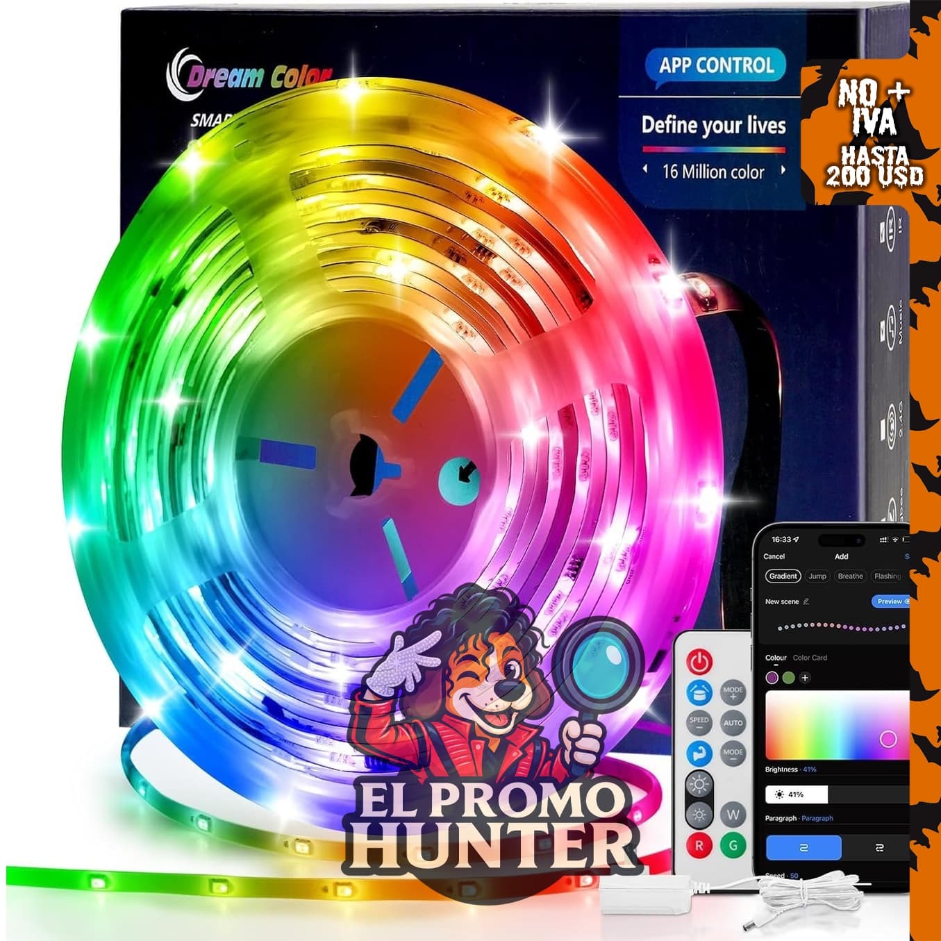 Pak Luces LED inteligentes RGB+IC de 16.4 pies con control remoto y sincronización de música.
