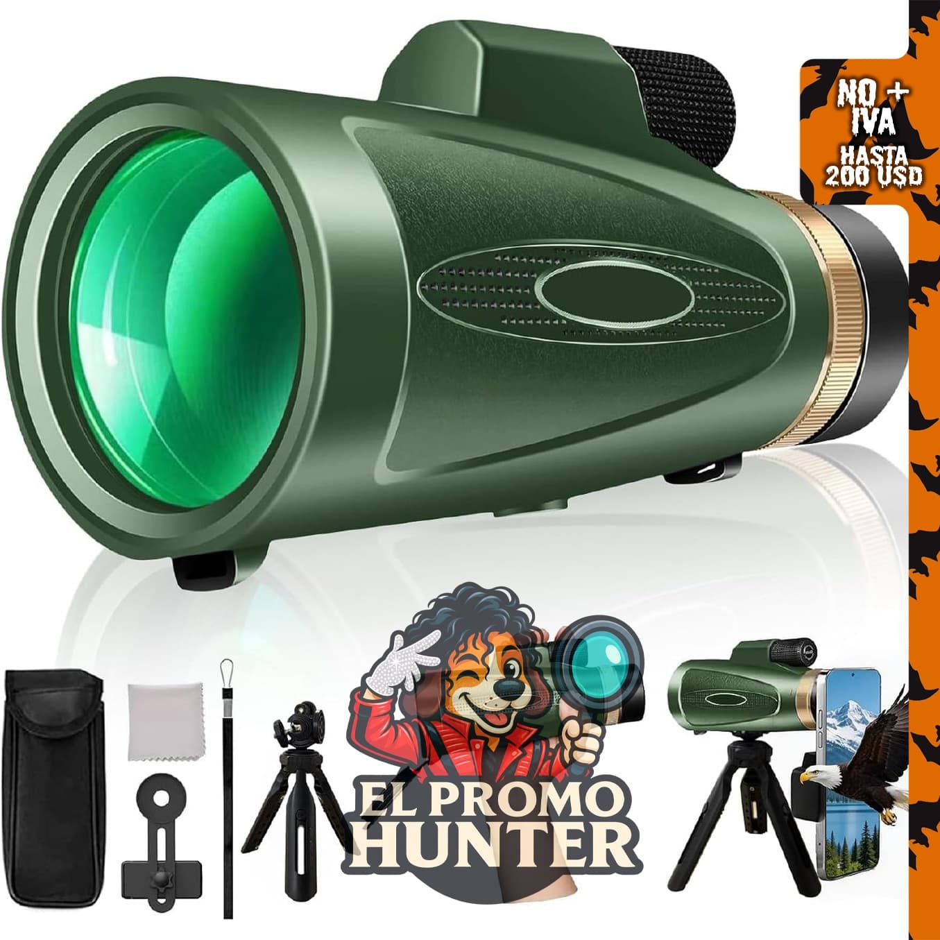 Telescopio monocular 12 x 60 HD con adaptador para teléfono inteligente, prisma BAK4 y lente FMC.