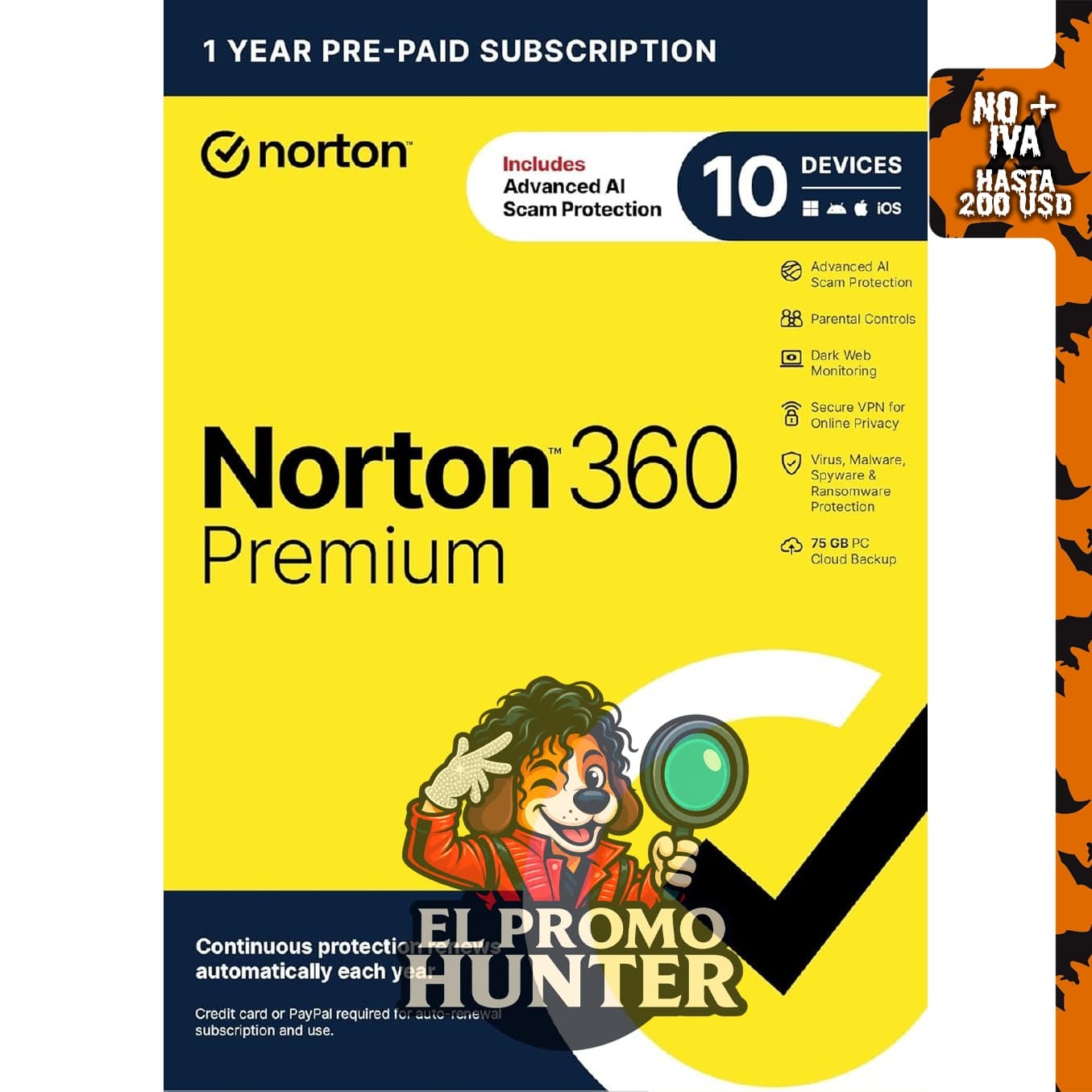 Norton 360 Premium 2027 Antivirus para 10 dispositivos, incluye renovación automática.