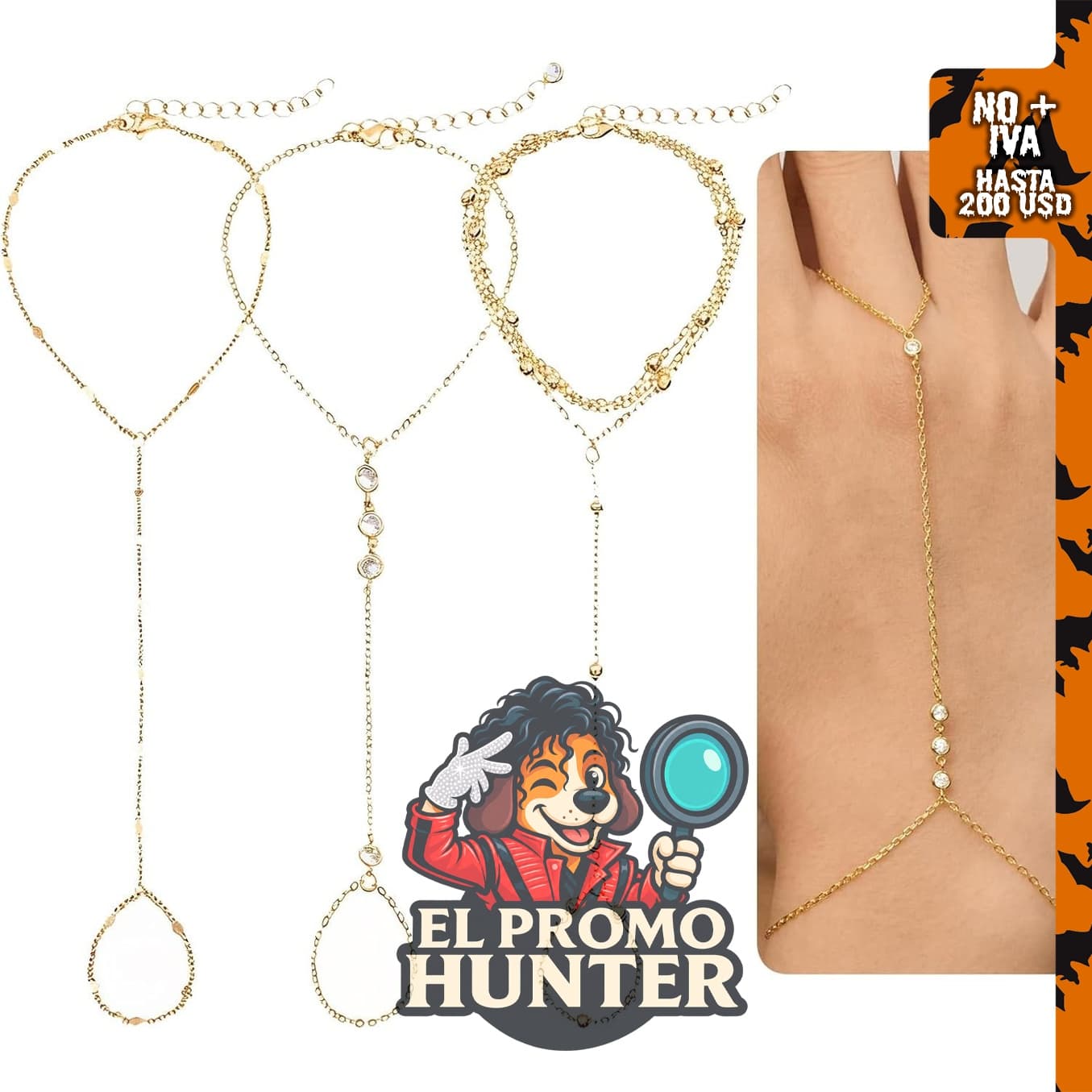Juego de 3 pulseras de cadena de mano chapadas en oro para mujer, ajustables y con circonita cúbica.