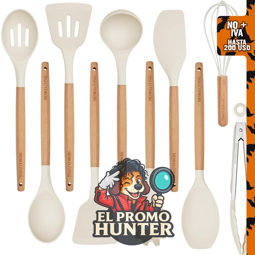 Juego de utensilios de cocina de silicona de 10 piezas, incluye espátulas sin BPA y asas de madera.