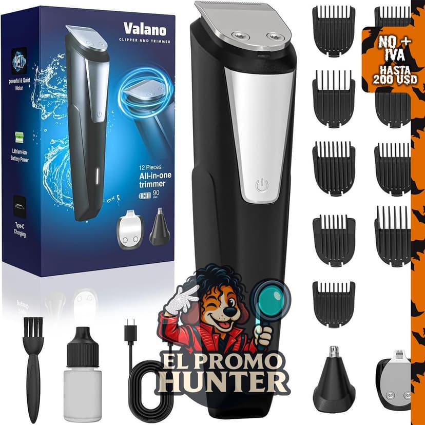 Valano Cortadora de barba eléctrica, recargable y autoafilable, incluye kit para bigote, oído, nariz y cuerpo.