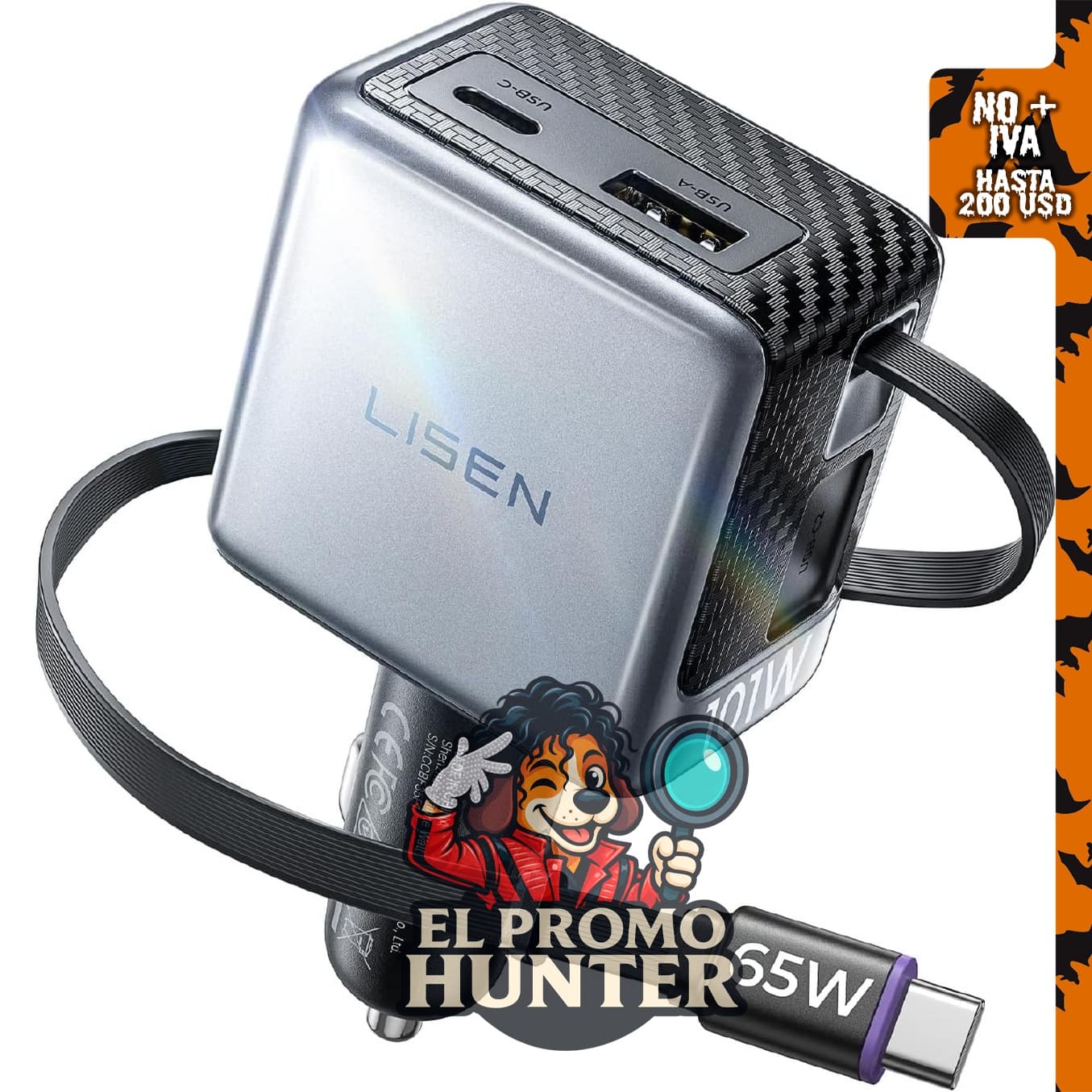 Cargador de coche rápido LISEN AVS de 101 W con cable USB C retráctil.