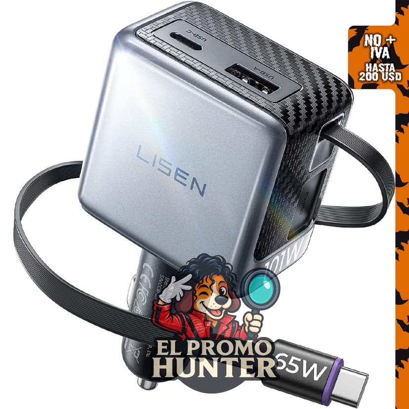 Cargador de coche rápido LISEN AVS de 101 W con cable USB C retráctil.