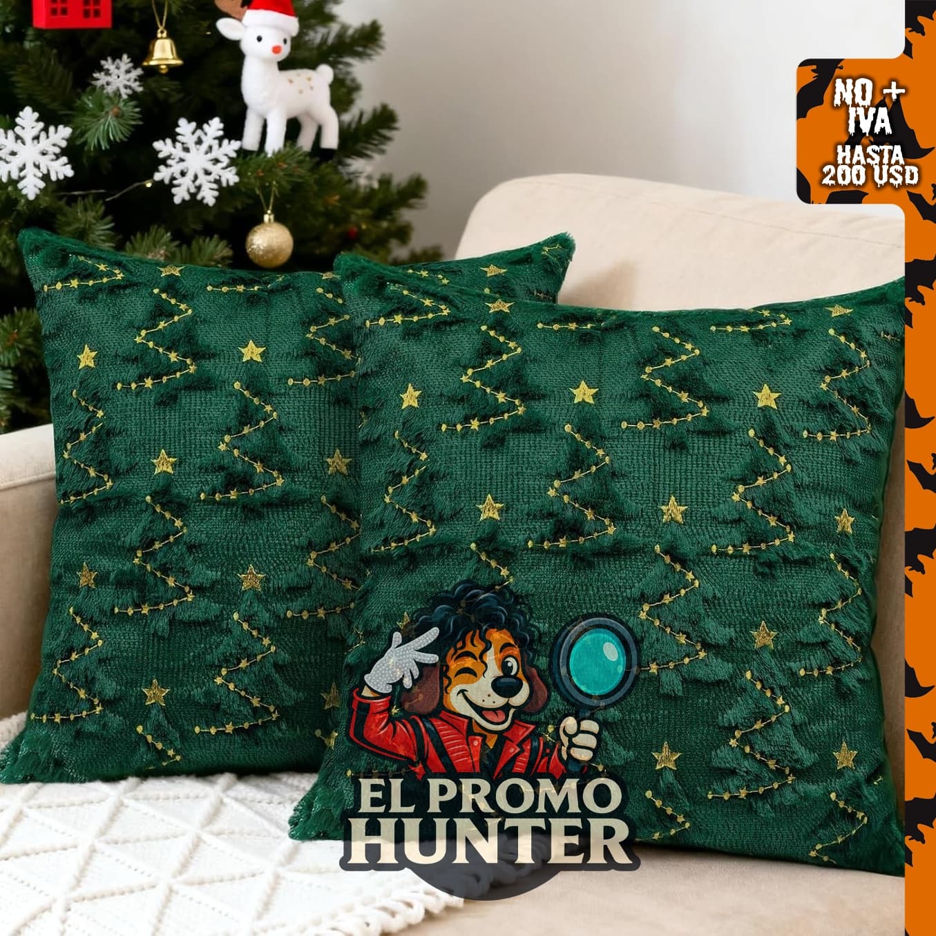 Juego de 2 fundas de almohada de Navidad de 45.7 x 45.7 cm, bordadas, color beige con estrellas doradas.