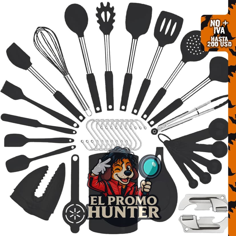 Juego de utensilios de cocina de silicona con mango de acero inoxidable.