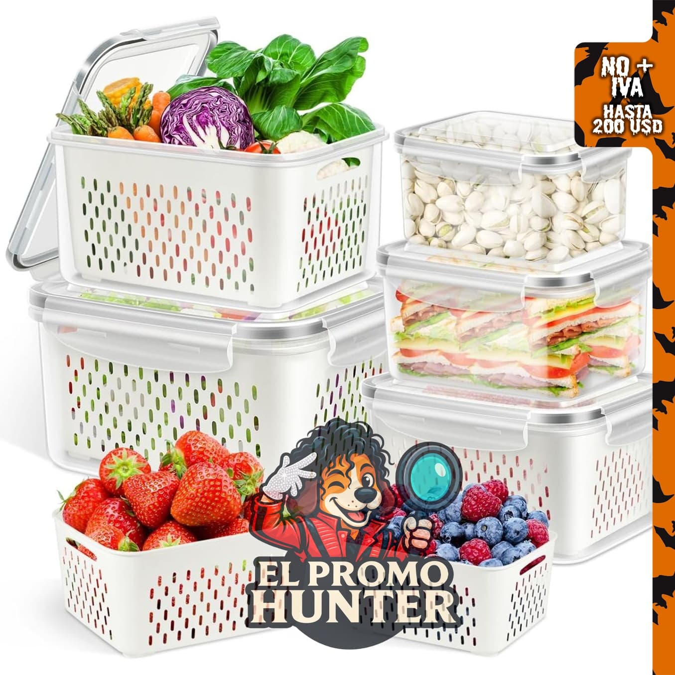 TBMax Contenedores de almacenamiento de frutas, 10 piezas grandes con tapa hermética y colador.