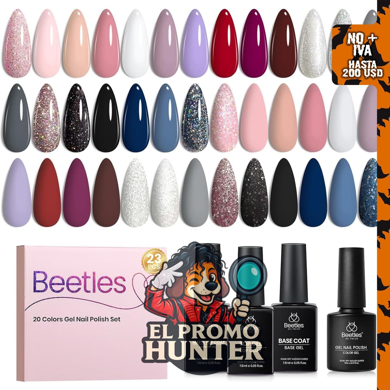 Beetles colección “Muse” - Kit de esmaltes en gel con 20 colores y 3 frascos de capa base y capa superior.
