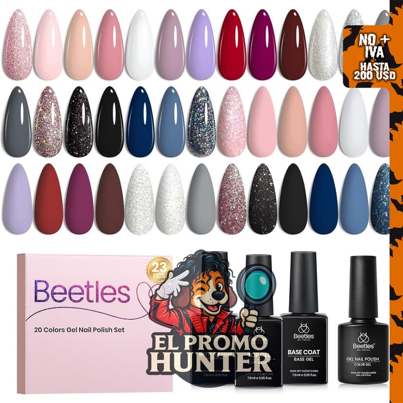 Beetles colección “Muse” - Kit de esmaltes en gel con 20 colores y 3 frascos de capa base y capa superior.