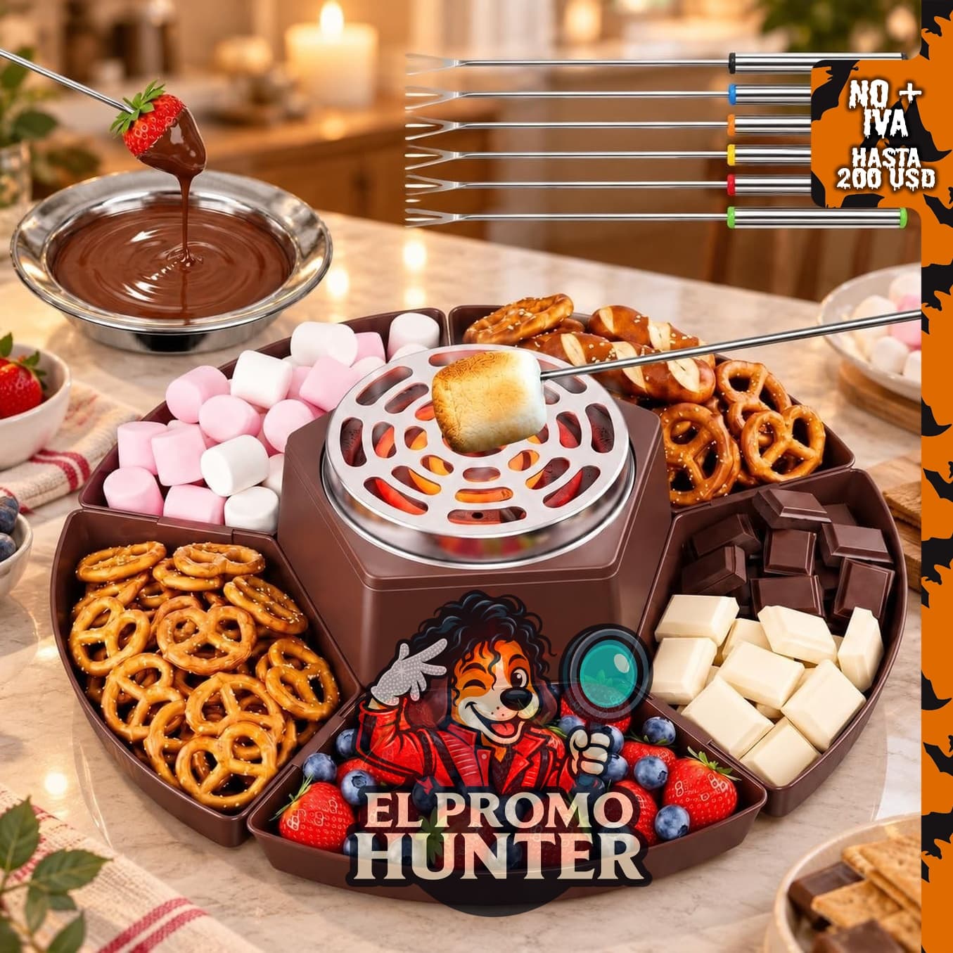 S'mores eléctrica 2 en 1 y juego de fondue de chocolate, incluye tostador de malvaviscos, 8 tenedores, 5 bandejas, 10 platos y 100 brochetas.