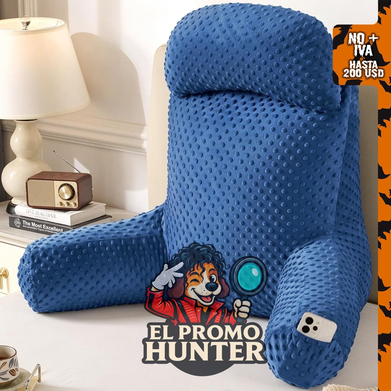 Almohada de lectura de 23" (58 cm) para respaldo en cama o sofá, con bolsillos y brazos, color azul marino.