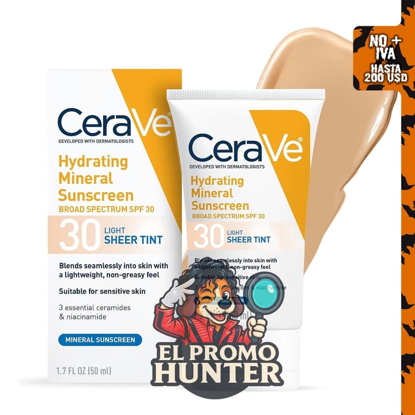 CeraVe Protector solar mineral hidratante SPF 30 con tinte transparente, con óxido de zinc y dióxido de titanio.