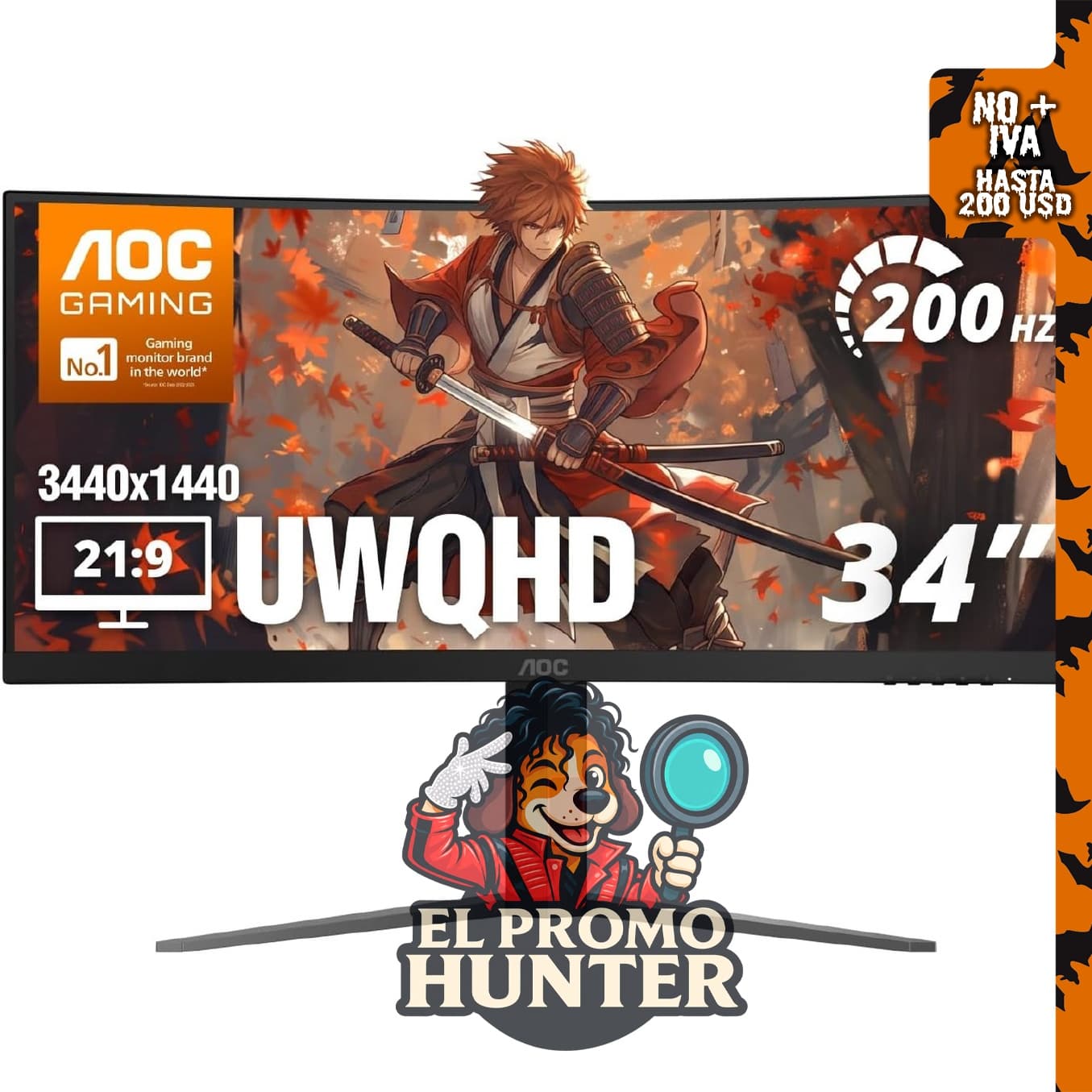 Monitor curvo AOC de 34" (86.4 cm) UWQHD, 200Hz, VA, 0.3ms, HDR.