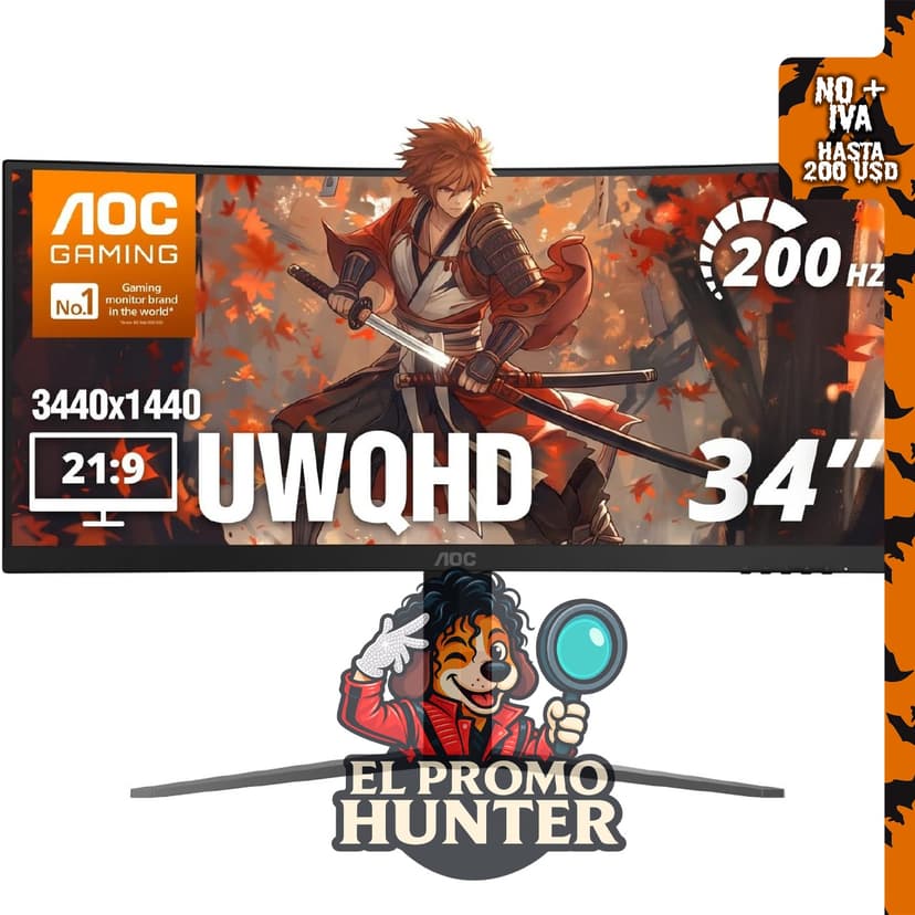 Monitor curvo AOC de 34" (86.4 cm) UWQHD, 200Hz, VA, 0.3ms, HDR.