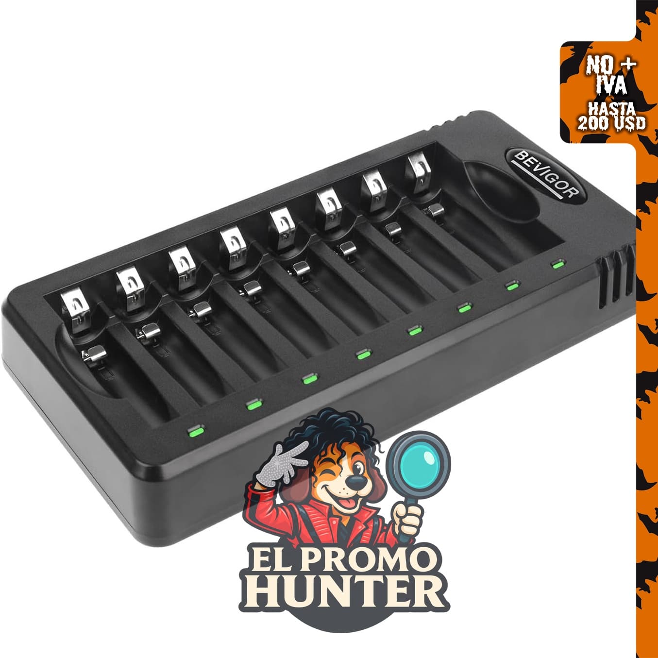 Cargador inteligente para baterías recargables AA y AAA con 8 bahías y carga rápida USB.