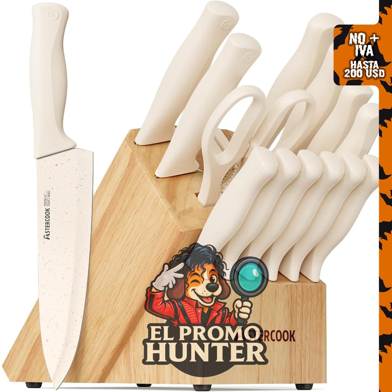Astercook Juego de cuchillos de cocina de 15 piezas con bloque de afilador, acero inoxidable, apto para lavavajillas.