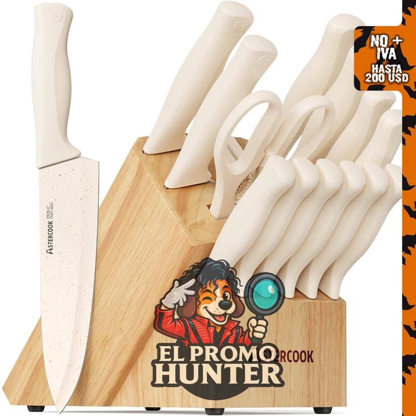 Astercook Juego de cuchillos de cocina de 15 piezas con bloque de afilador, acero inoxidable, apto para lavavajillas.