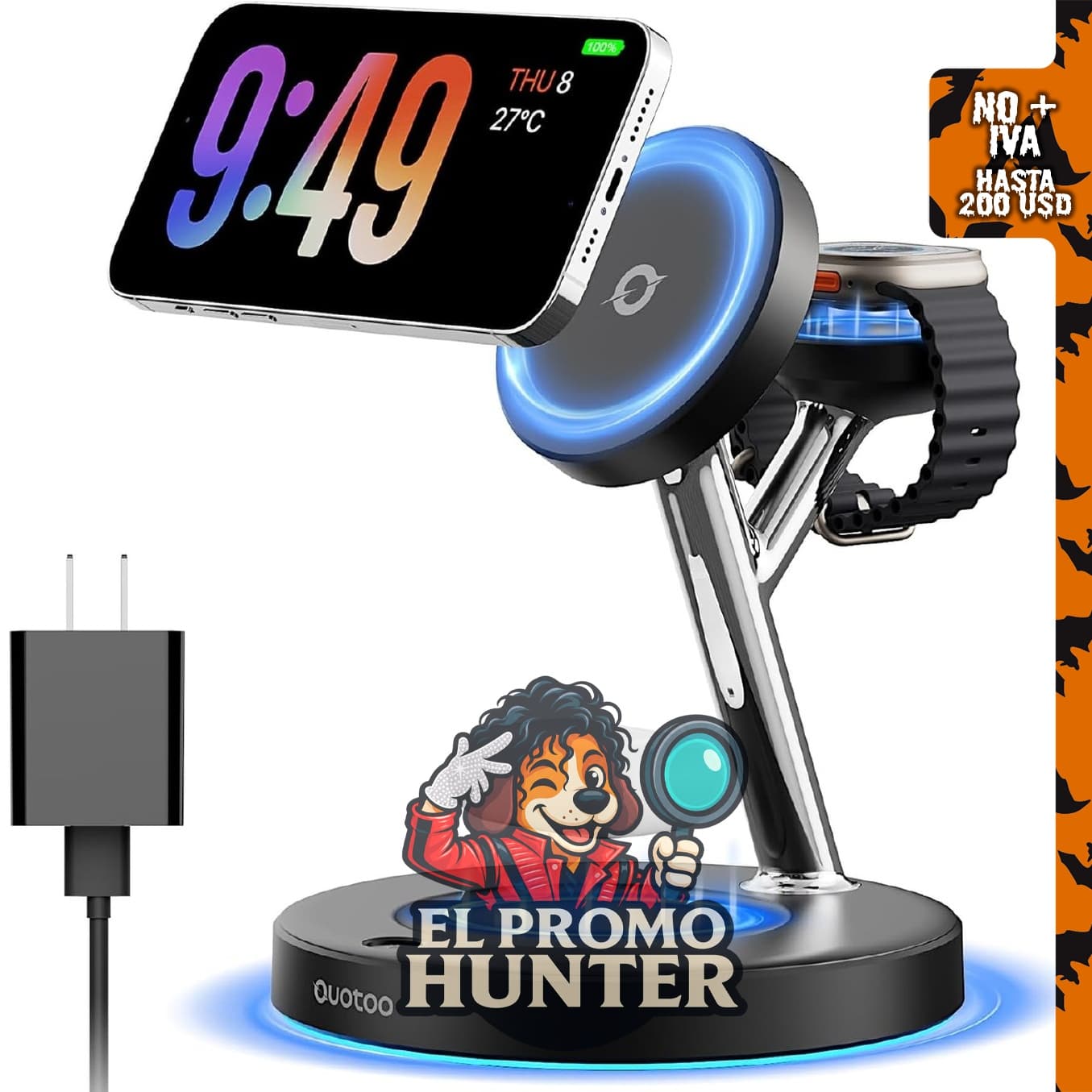 Soporte de cargador inalámbrico Mag-Safe 3 en 1 para iPhone y Apple Watch.