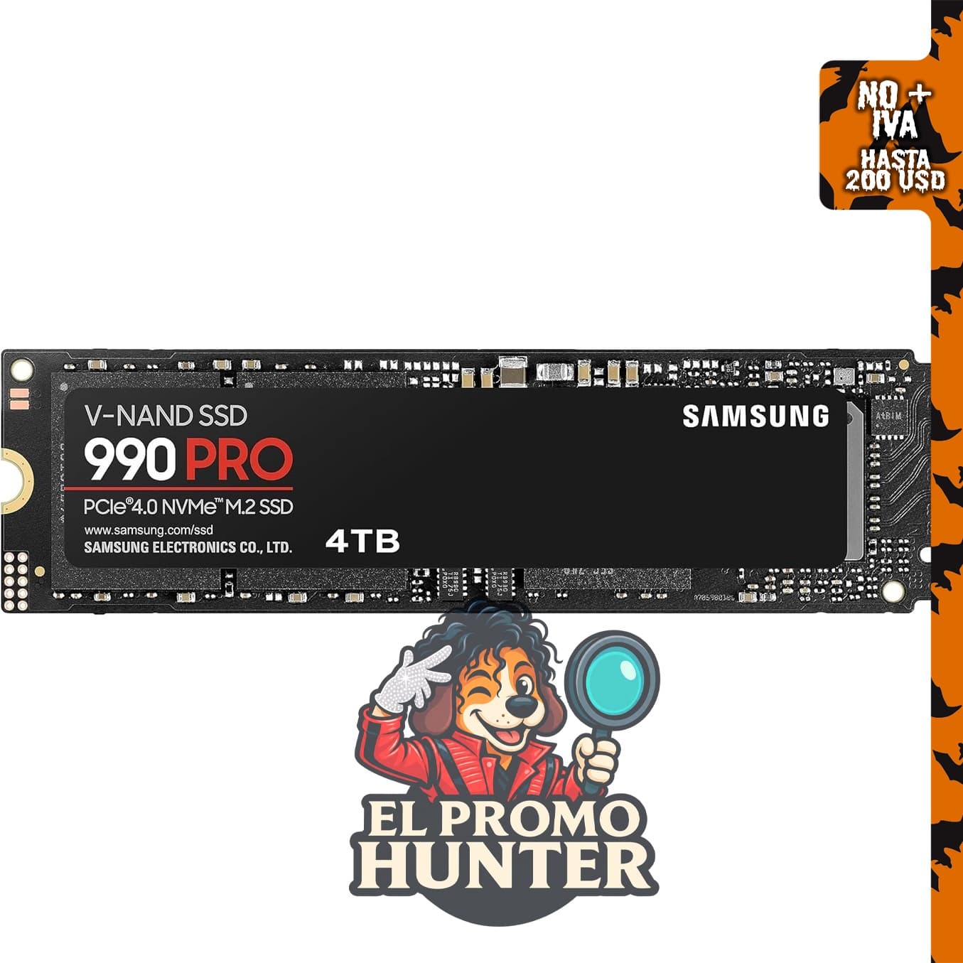 Samsung SSD 990 PRO 4TB, PCIe 4.0 M.2 2280, velocidad de hasta 7,450 MB/s.