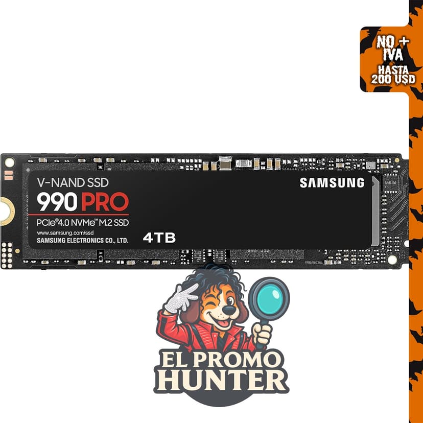Samsung SSD 990 PRO 4TB, PCIe 4.0 M.2 2280, velocidad de hasta 7,450 MB/s.